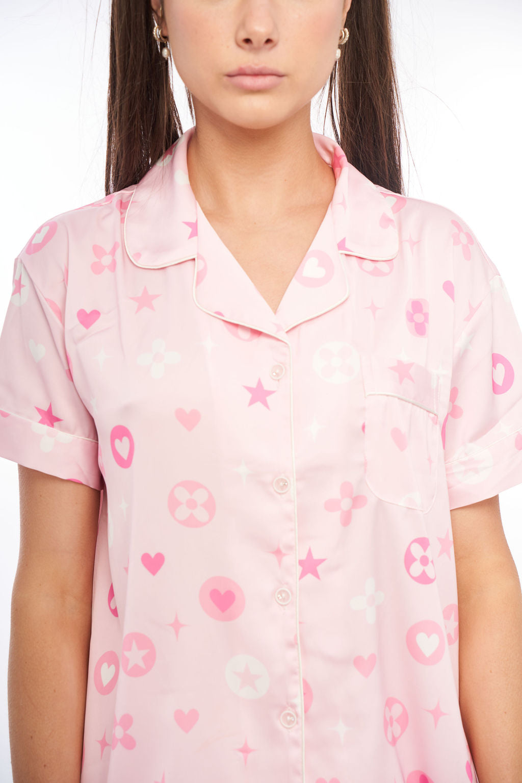 pink pattern pyjamas satin pretty comfy snug heart dream girl 