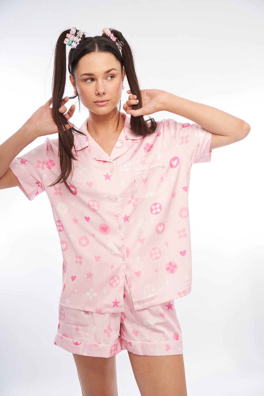 pink pattern pyjamas satin pretty comfy snug heart dream girl 