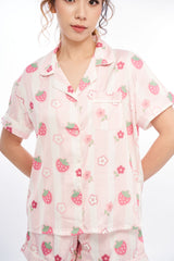Strawberry flower field pyjamas silky satin set cute kawaii pink white stripes 