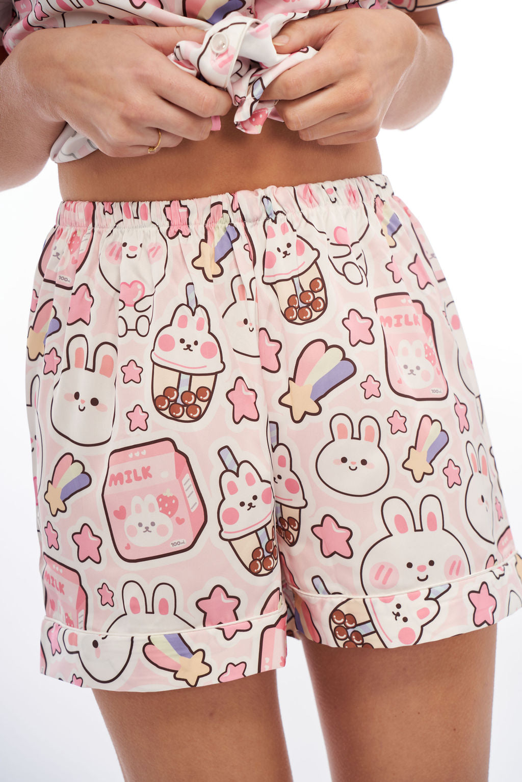 milk bunny boba tea pink rainbows stars kawaii pyjamas satin girl pretty