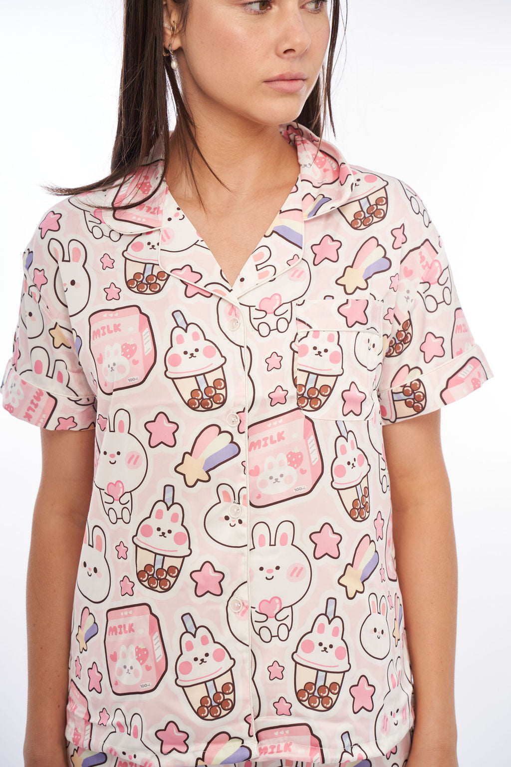 milk bunny boba tea pink rainbows stars kawaii pyjamas satin girl pretty