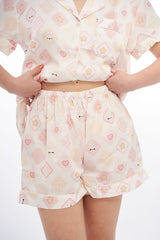 Kawaii pyjamas silky satin set bunny heart pink patch