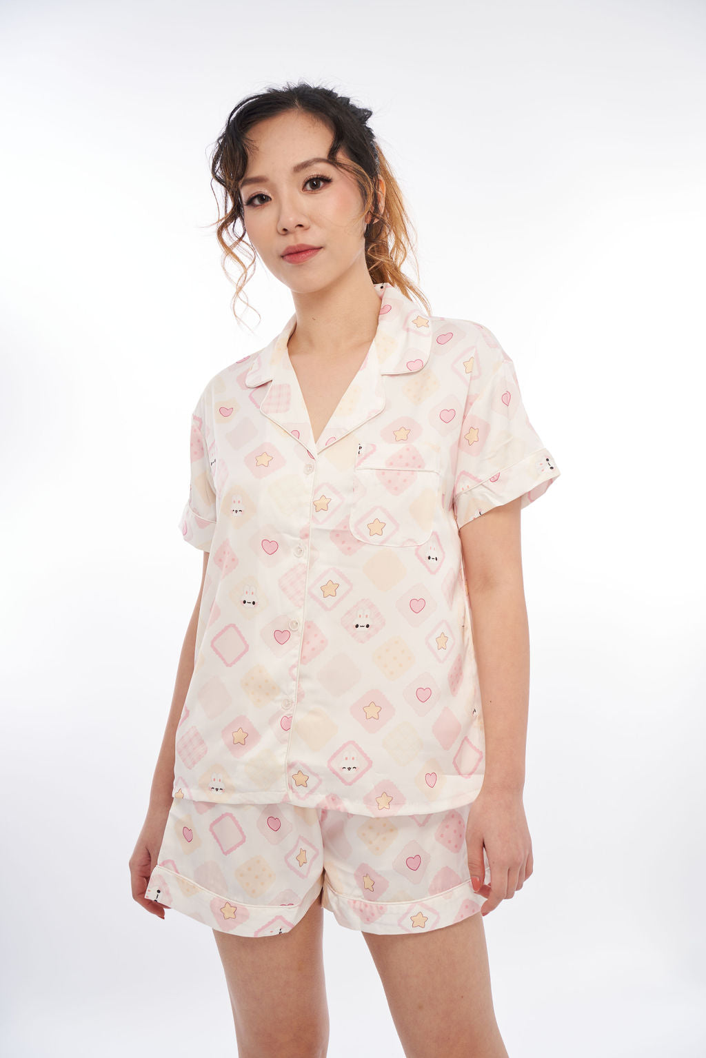 Kawaii pyjamas silky satin set bunny heart pink patch