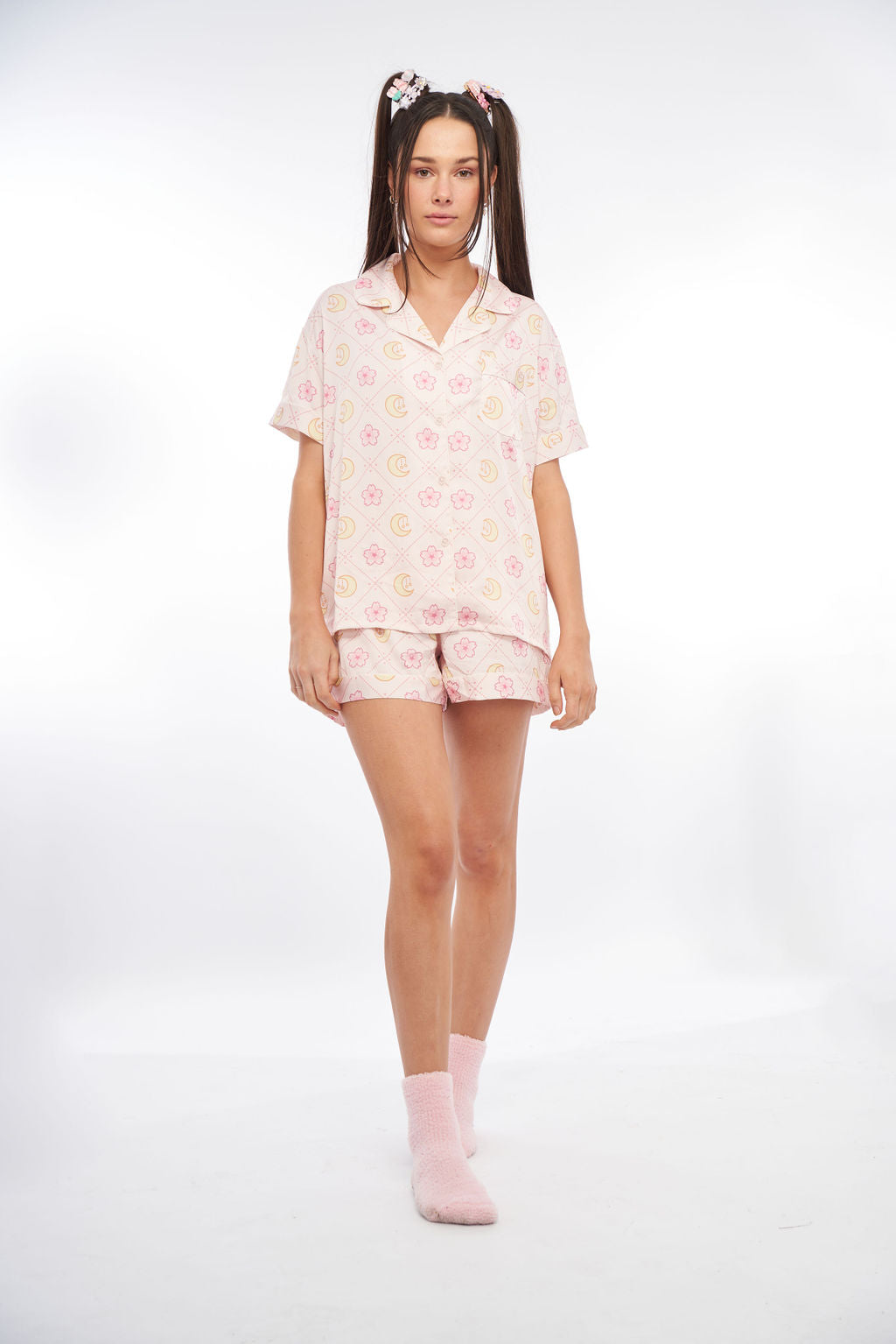 sakura moon stars sky pyjamas silky satin pink cute 