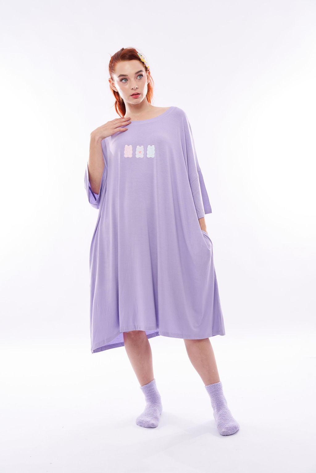 Bamboo oversized tshirt purple gummy bear two pockets full length shot