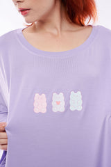 Bamboo oversized tshirt purple gummy bear two pockets close up shot