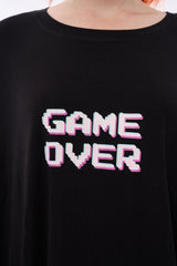 Bamboo oversized tshirt black game over two pockets close up